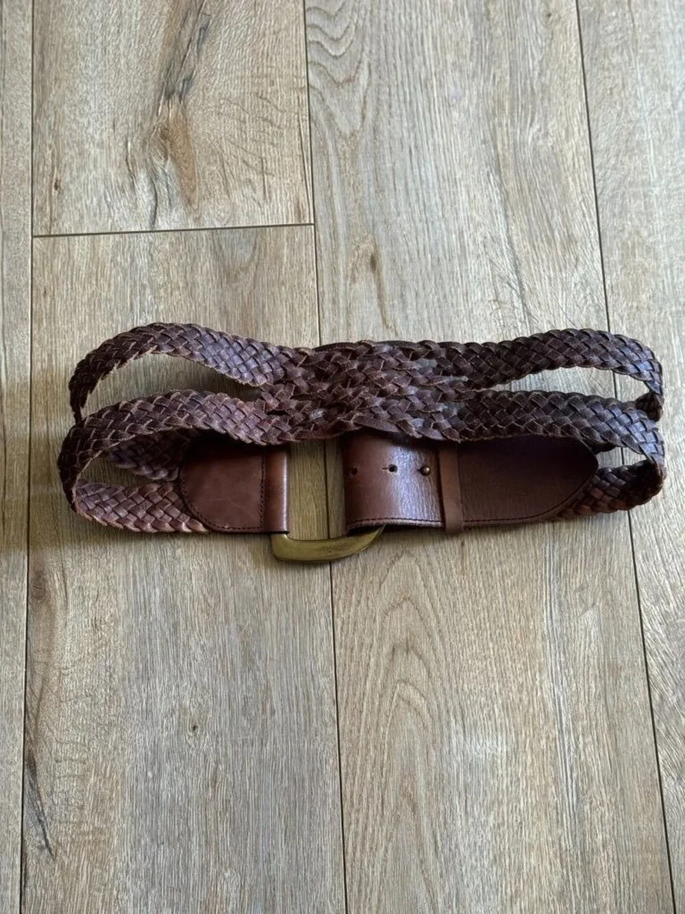 Y2K Vintage Linea Pella Large Brass Buckle Woven Brown Leather Hip Belt Small
